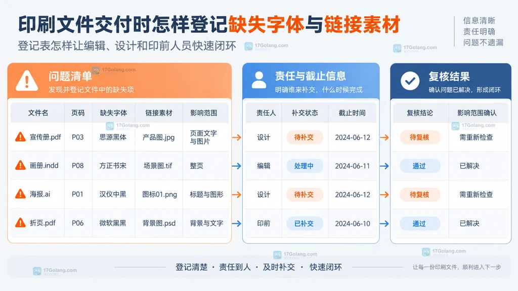 印刷文件缺失字体与链接素材登记面板的字段、责任人、截止时间和复核结论原创说明图