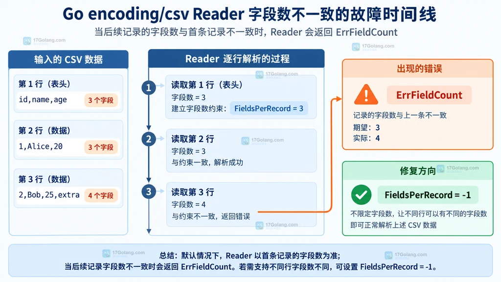 Go csv.Reader 默认字段数约束从首行到 ErrFieldCount 的故障时间线说明图