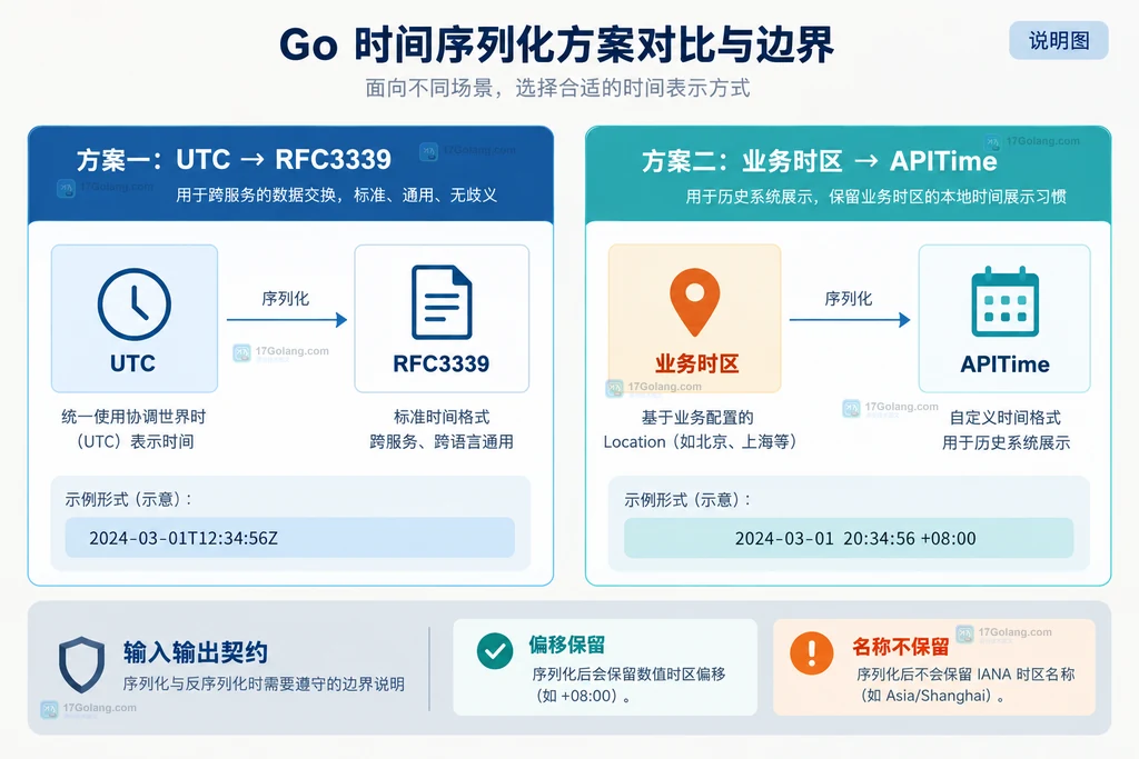 Go 时间序列化中 UTC、业务时区、RFC3339 和自定义格式的边界关系说明图