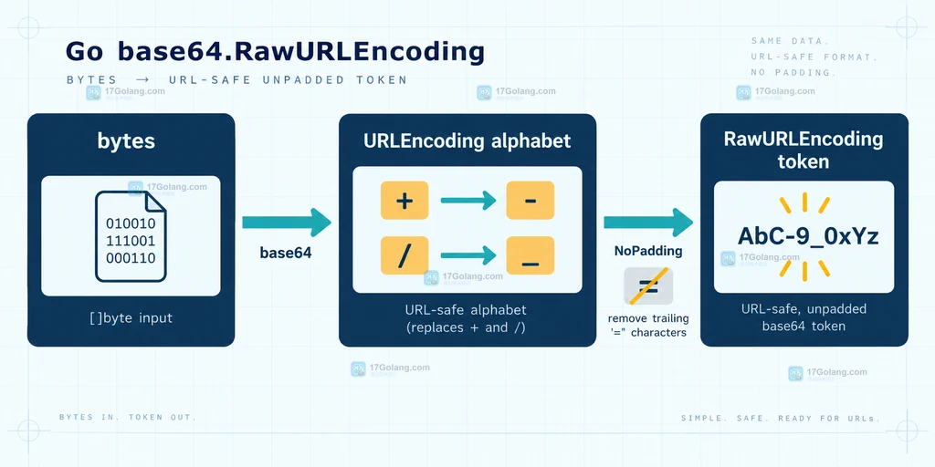 Go base64.RawURLEncoding 将字节输入映射到 URL 安全字母表并去掉等号填充的结构说明图