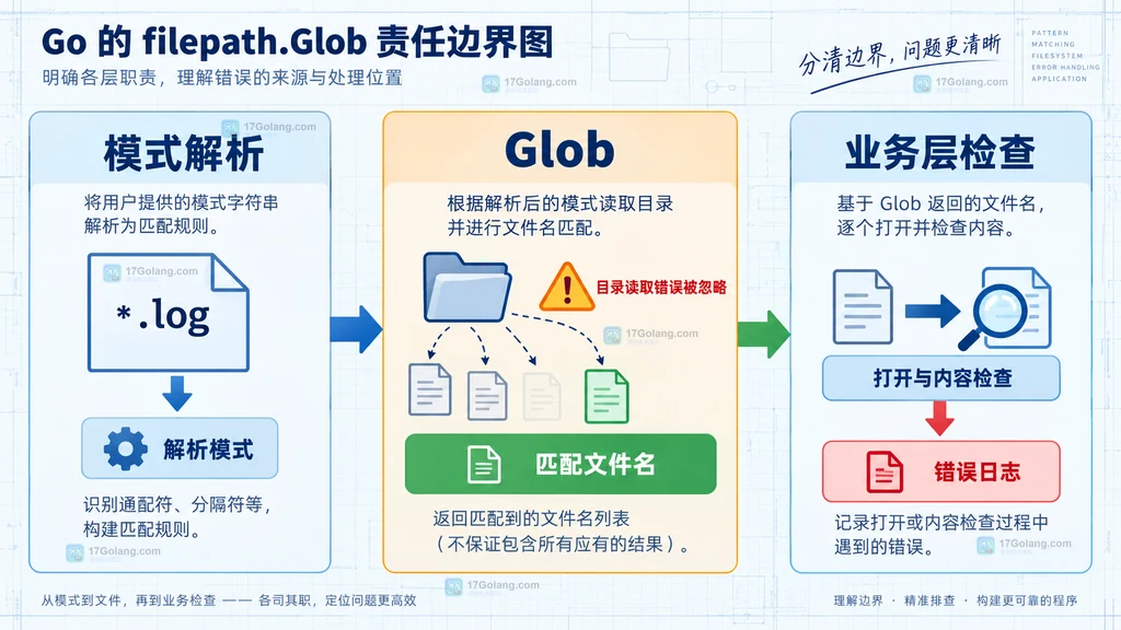 Glob 忽略目录读取错误而业务层继续执行文件打开检查的原创边界说明图