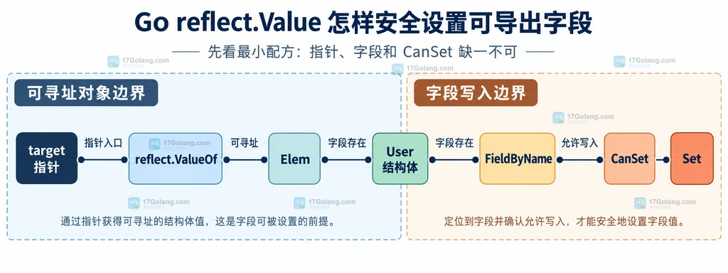 Go 结构体字段类型、CanSet 和 SetString SetInt 的静态关系说明图