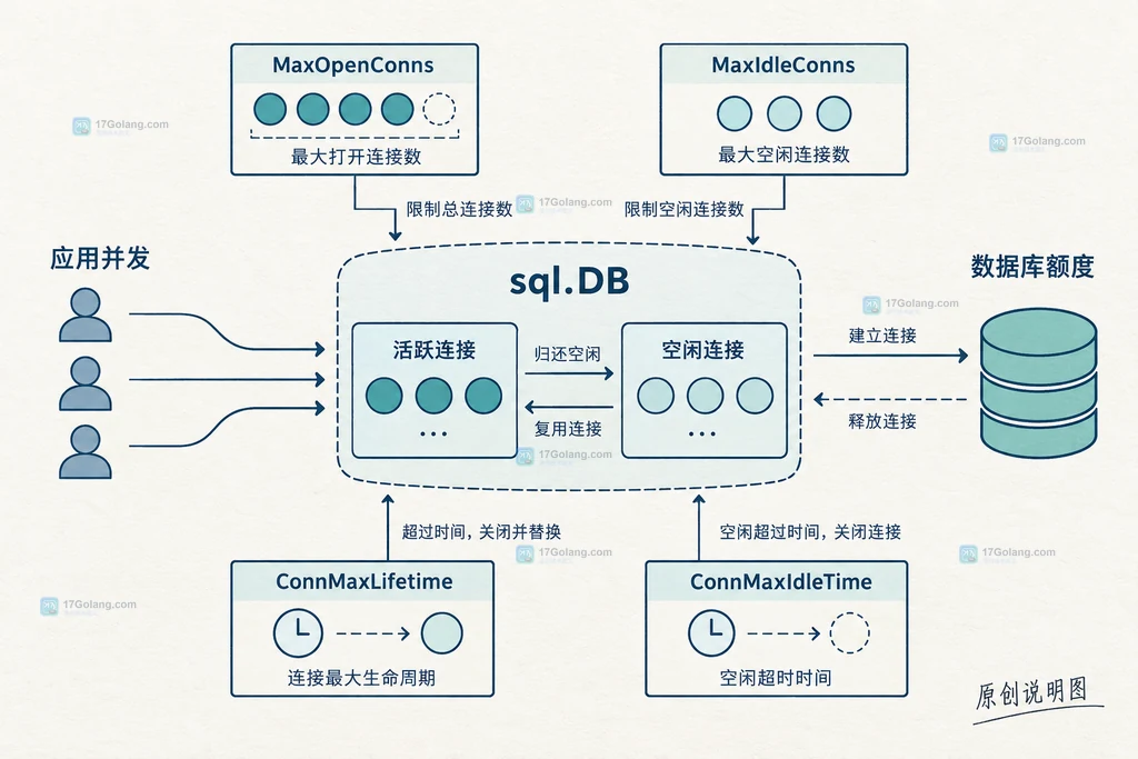 Go database/sql 连接池参数与业务并发边界的静态说明图