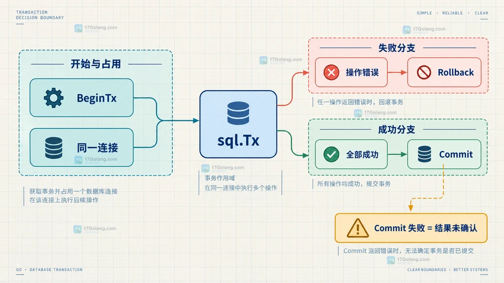sql.Tx 提交与回滚分支及提交失败未确认关系说明图