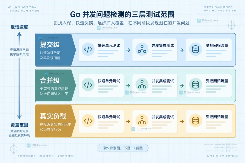 Go race 测试范围从提交级到真实负载的分层说明图