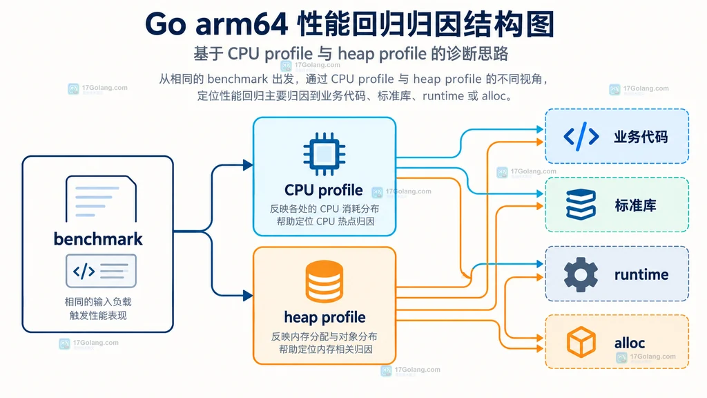 Go arm64 CPU 与内存 profile 归因关系说明图