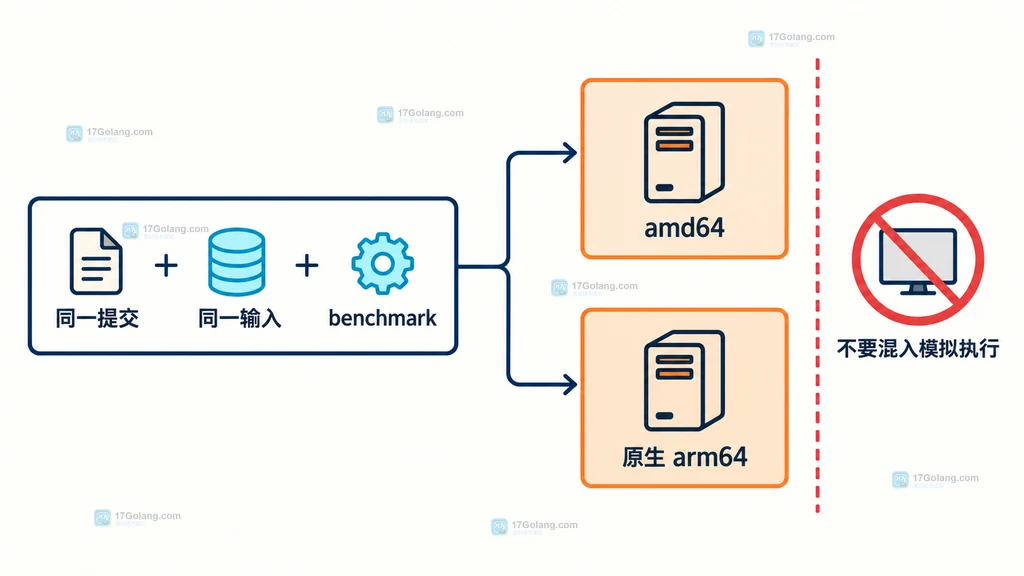 Go arm64 与 amd64 基准对照的变量边界说明图