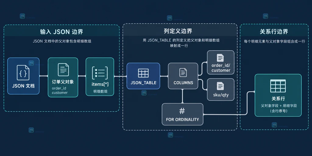 MySQL JSON_TABLE 将订单父对象与 items 数组映射为关系行的结构说明图