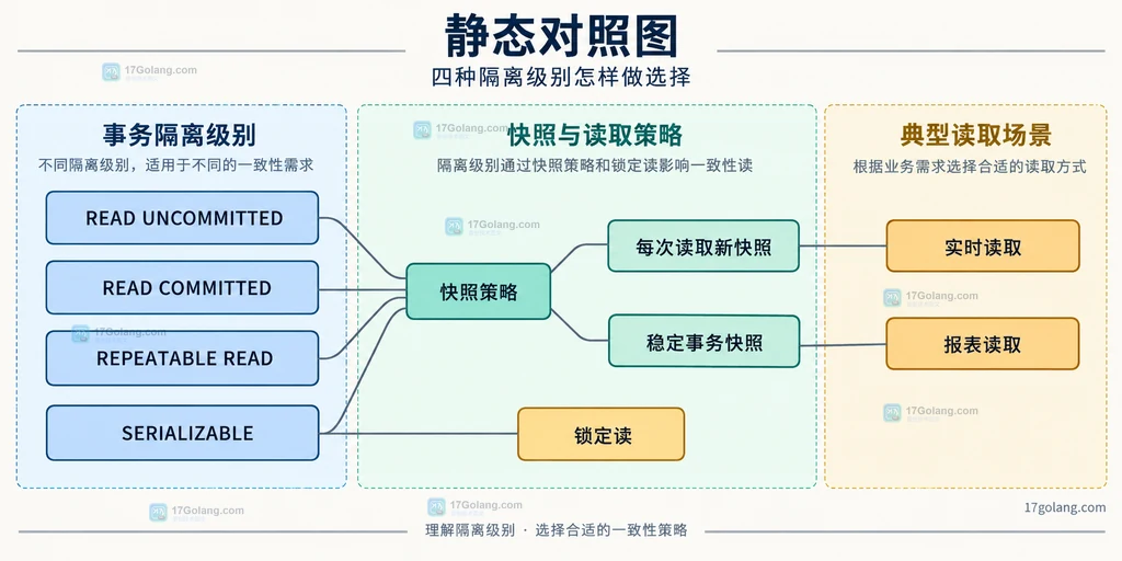 MySQL READ UNCOMMITTED、READ COMMITTED、REPEATABLE READ、SERIALIZABLE 与快照策略和业务压力的静态对照图
