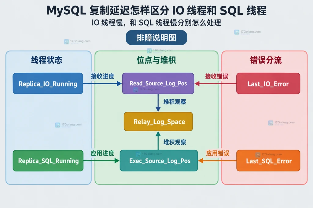 MySQL 复制延迟按IO线程和SQL线程状态分流的静态排障说明图