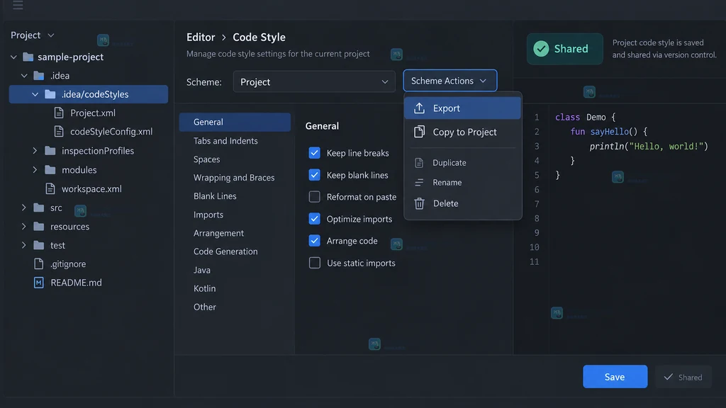 JetBrains 风格 IDE 中 Editor Code Style 与 Project scheme 的原创界面说明图