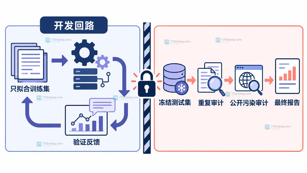 训练集和开发集组成迭代回路而冻结测试集只进入最终报告的污染审计说明图