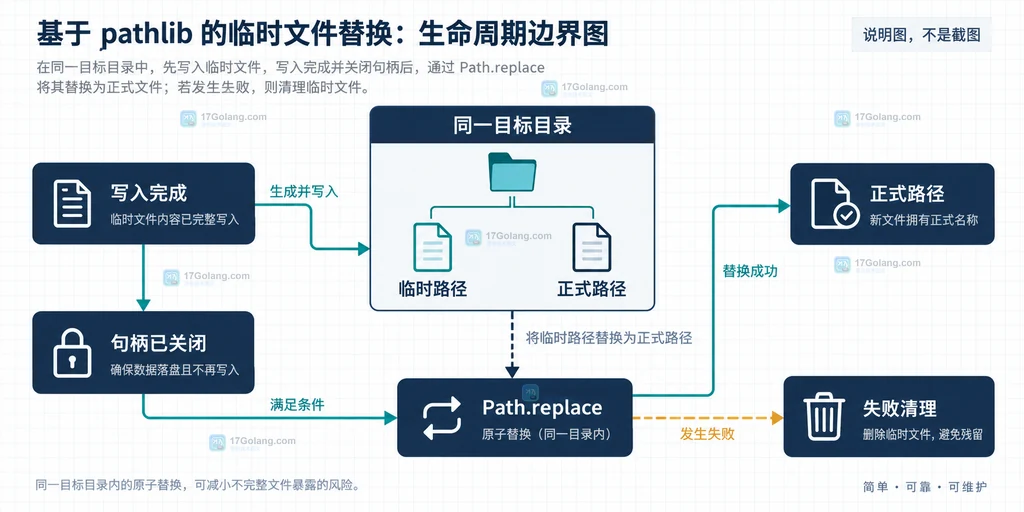 Pathlib 临时文件写入关闭替换和失败清理之间的静态关系图