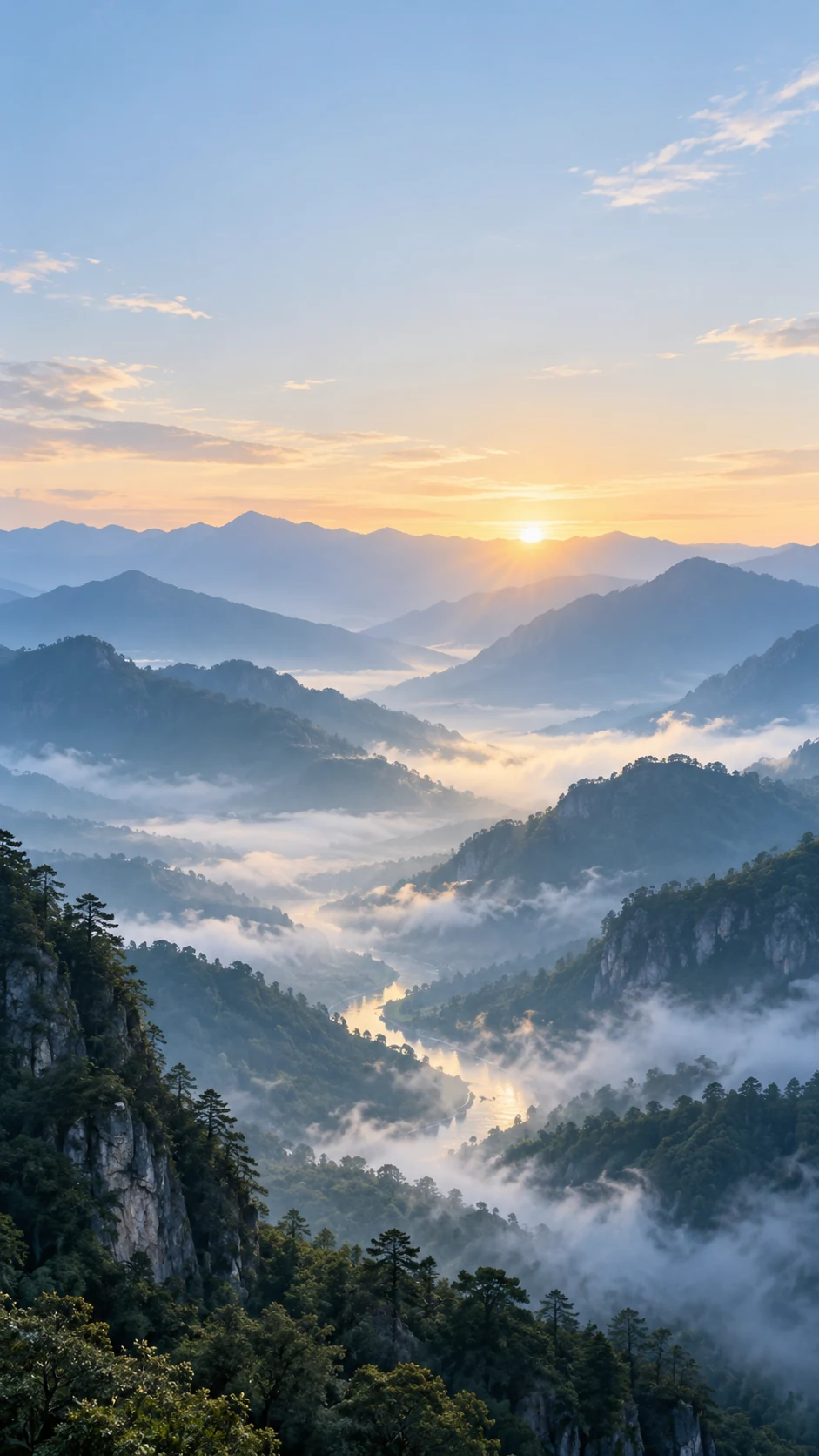 雾蓝山谷晨光手机壁纸主图，顶部留出低细节天空并把山谷纵深放在中下部