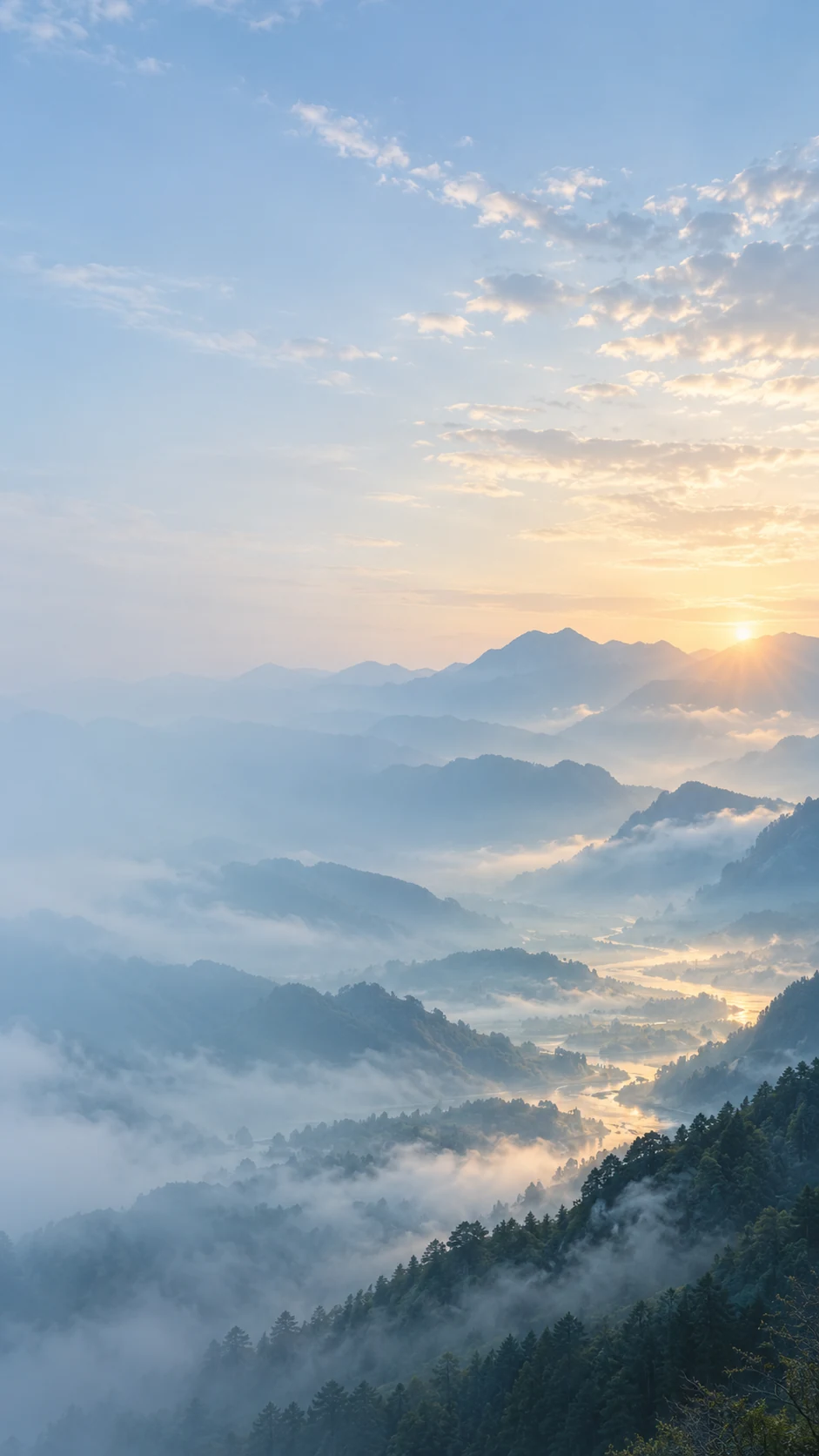雾蓝山谷晨光手机壁纸变体，山脊和发光谷地偏向右下，左上与左中保留图标留白