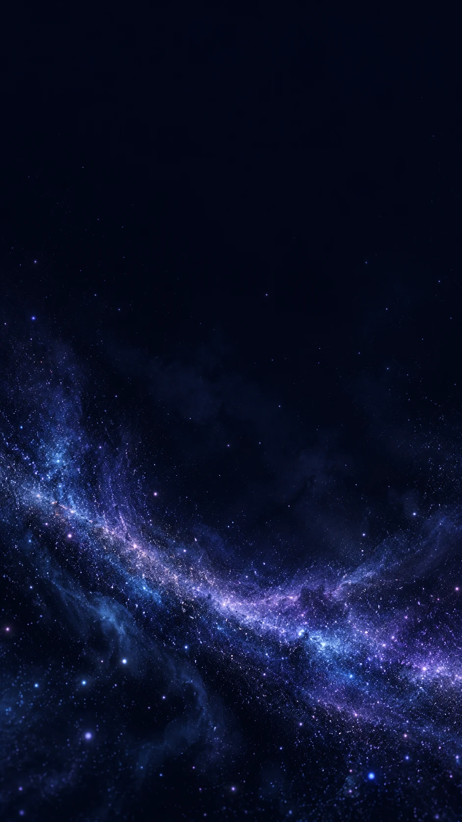 午夜靛蓝星尘手机壁纸，顶部留白，蓝紫星尘集中在下半部