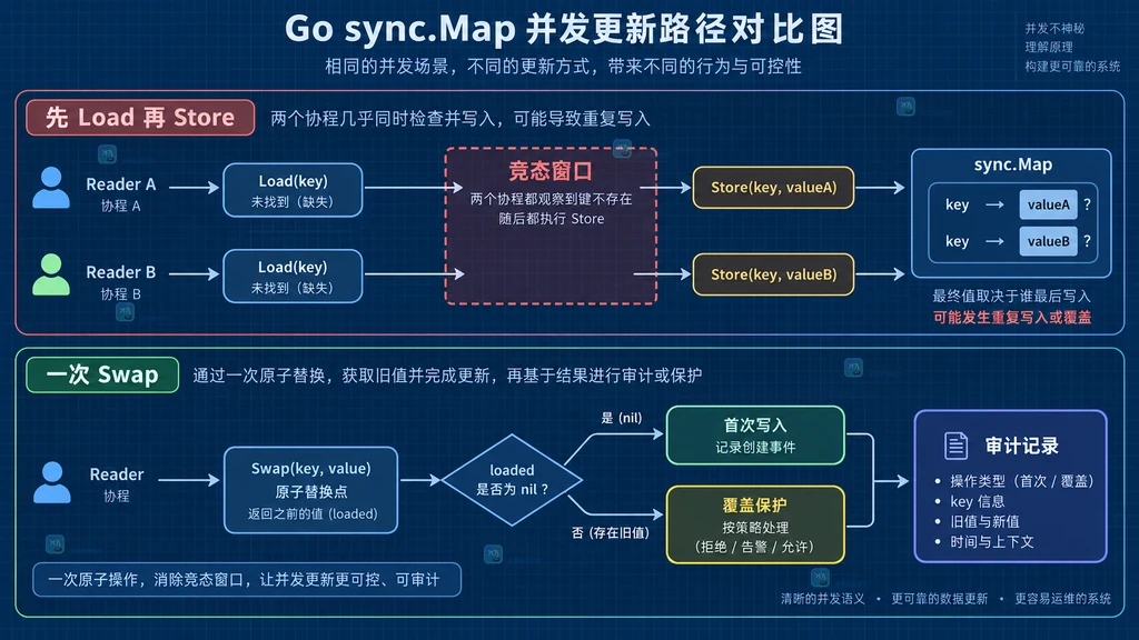 先 Load 再 Store 的竞态窗口与 sync.Map Swap 原子更新链路对比说明图
