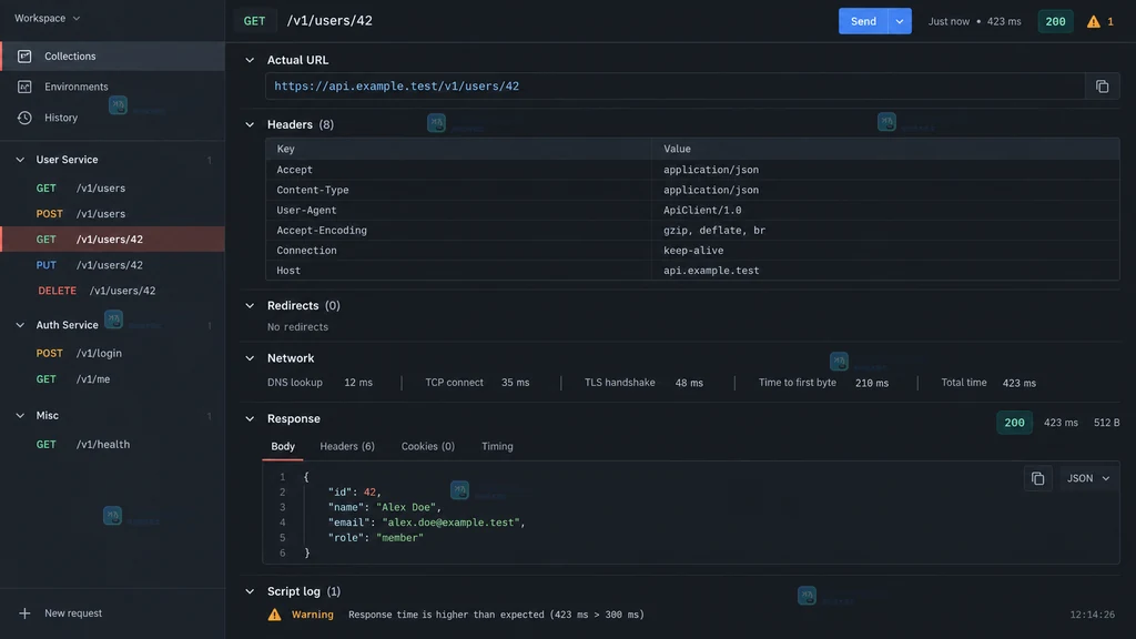 Postman Console 说明图：请求工作区底部打开 Console，日志面板等待记录新的接口请求