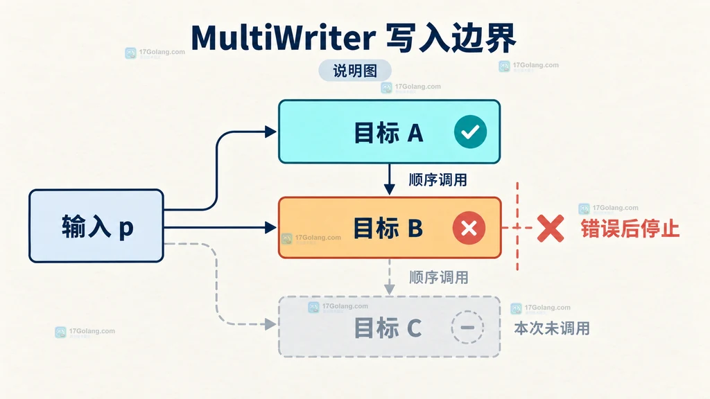 Go MultiWriter 按目标顺序写入并在错误边界停止的结构说明图