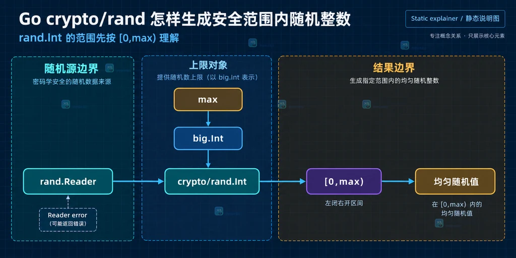 Go crypto/rand.Int 与 big.Int 的半开区间关系说明图，展示 rand.Reader、max 和 [0,max) 结果边界