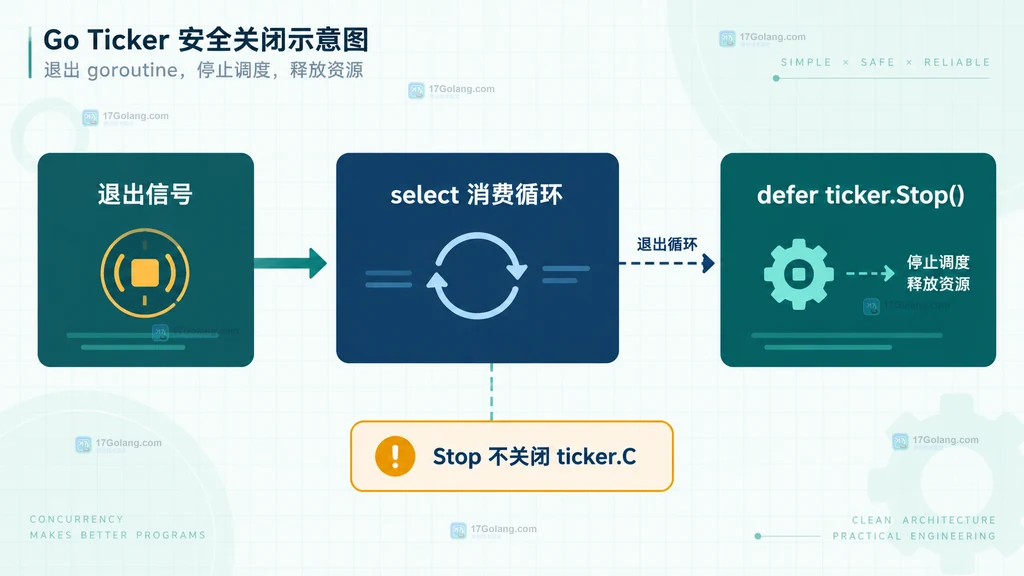 Go time.NewTicker 被后台 goroutine 和 ticker.C 消费循环持有的引用链说明图