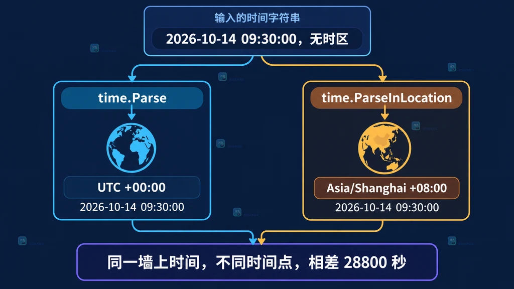 time.Parse 与 ParseInLocation 对同一无时区字符串的时区和时间点关系说明图