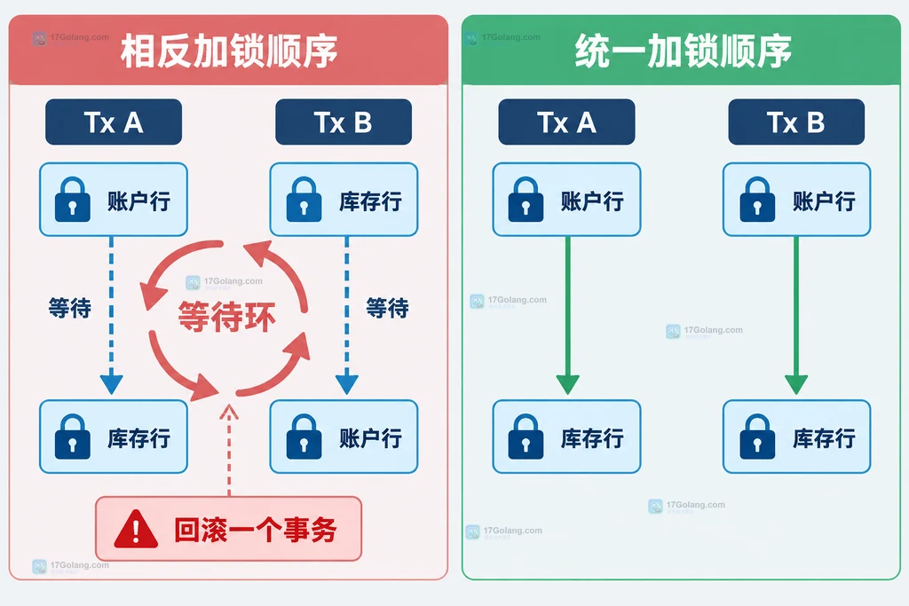 两个 SQL 事务相反加锁形成等待环与统一顺序消除等待环的静态关系