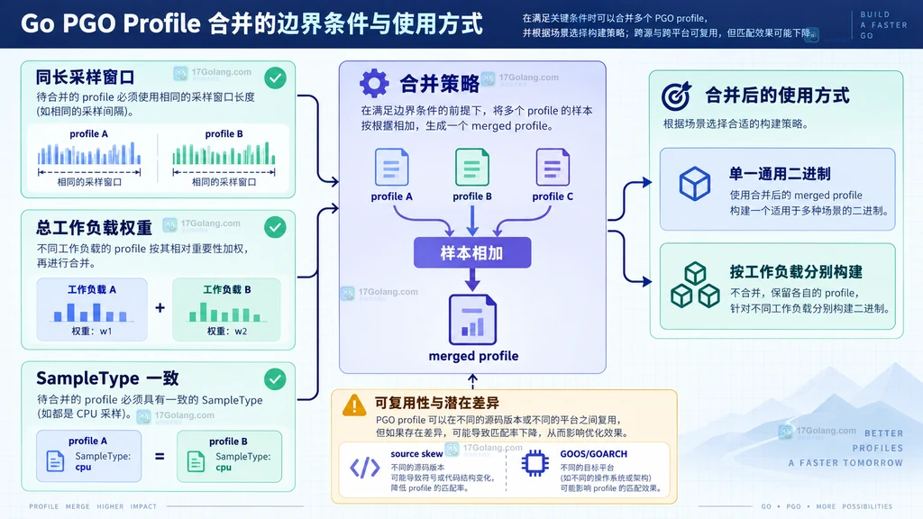 Go PGO profile 合并中的采样窗口、工作负载权重、SampleType 与构建策略边界静态说明图
