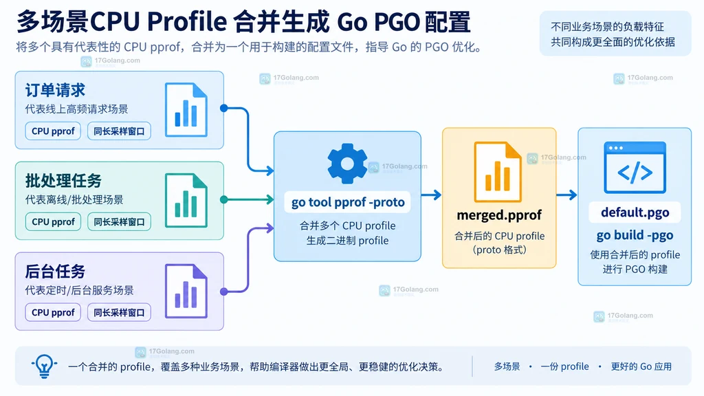 多个代表性 CPU pprof 通过 pprof 合并为 merged.pprof 并进入 Go PGO 构建的静态结构图
