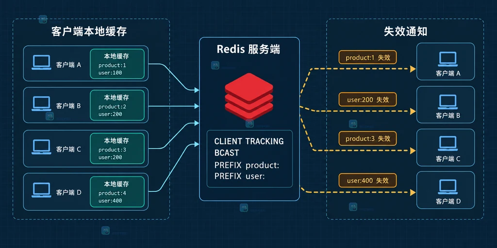 Redis BCAST 按 PREFIX 将键变更广播到客户端本地缓存的静态结构图