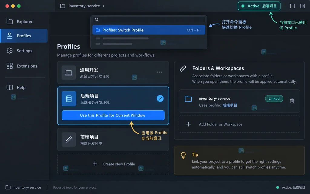 原创界面说明图,展示项目窗口切换到后端项目 Profile 后的活动状态和工作区关联信息