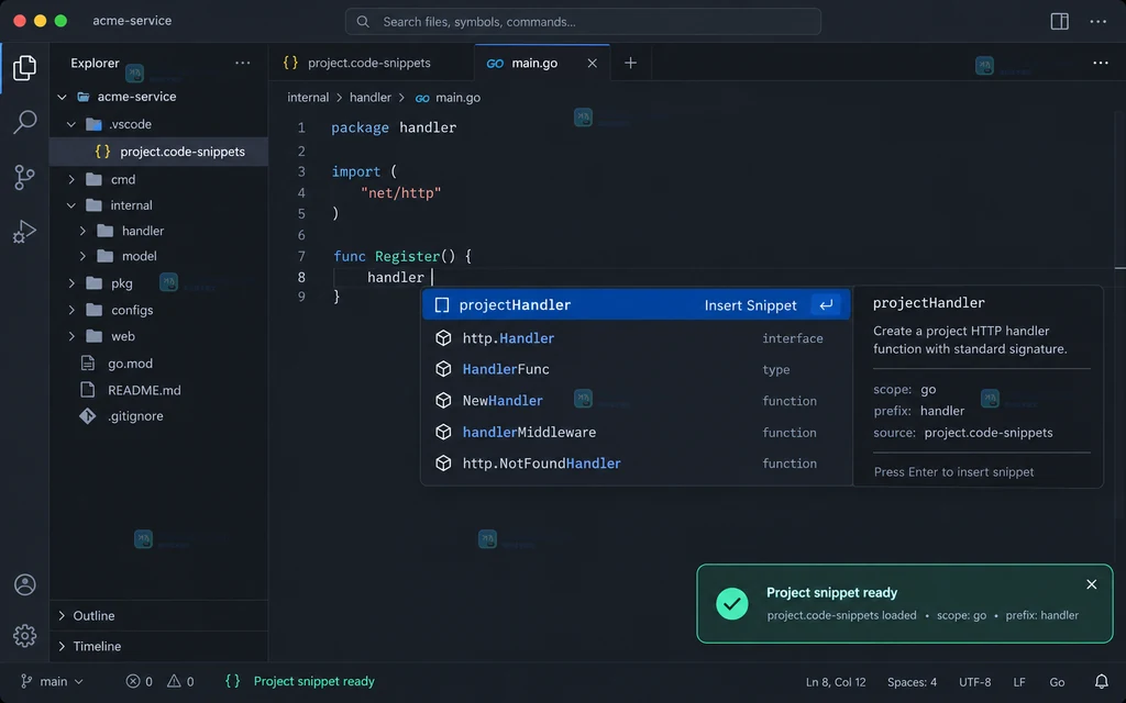 原创界面说明图:项目级 code-snippets 在 Go 文件中通过 IntelliSense 展开