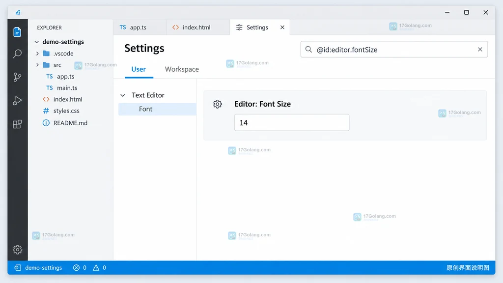 原创编辑器设置界面说明图,User 页选中并定位 Editor Font Size 示例值14