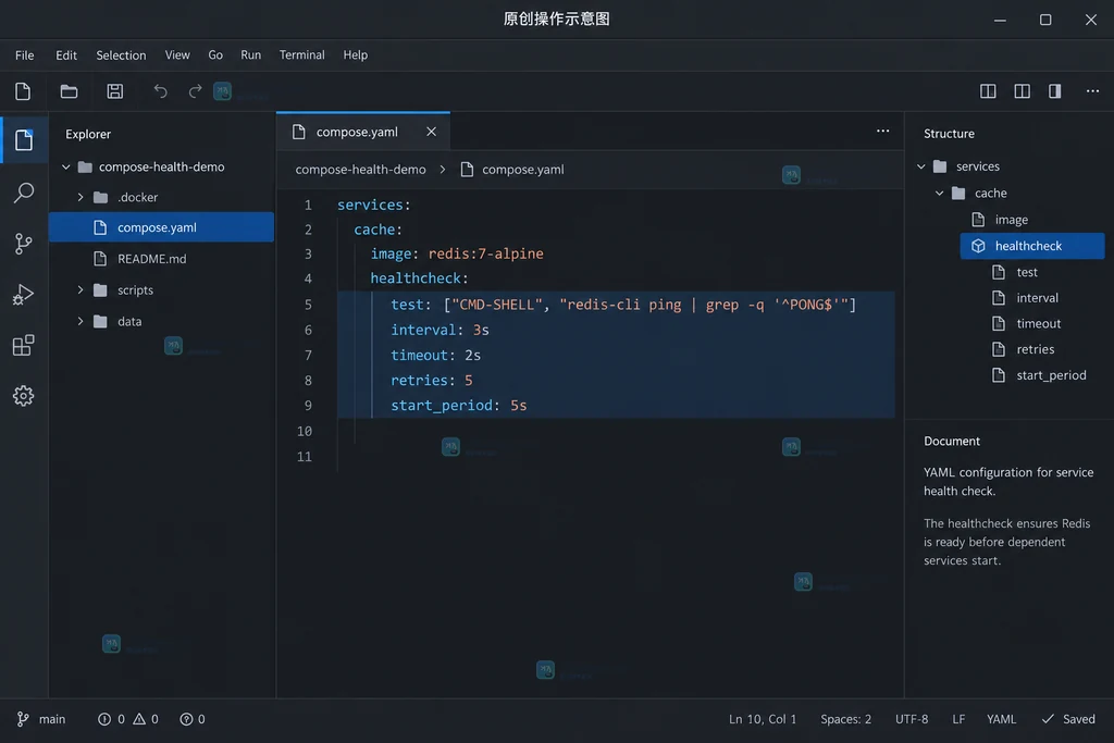 compose.yaml 编辑器中 cache 服务下的健康检查配置