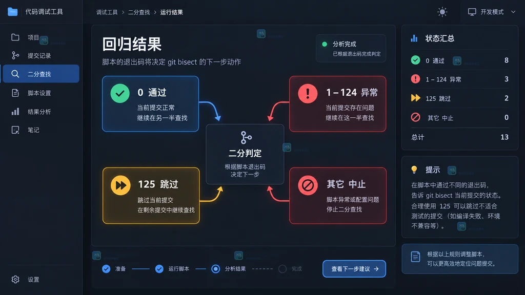 原创结果面板说明图,展示 Git bisect 回归脚本返回码与 good、bad、skip、abort 的关系