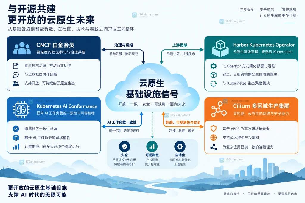 OVHcloud CNCF 白金会员、Harbor Kubernetes Operator、Kubernetes AI Conformance 与 Cilium 多区域生产集群之间的云原生信号关系原创说明图