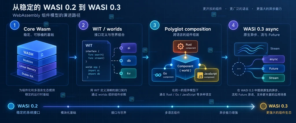 从 Core Wasm 到 WIT、跨语言组件组合和 WASI 0.3 原生异步的进展路线说明图