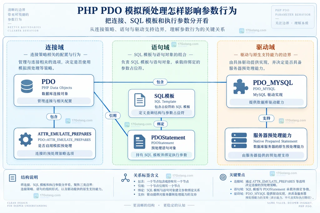 PDO连接选项、SQL模板、语句对象与驱动的静态边界图