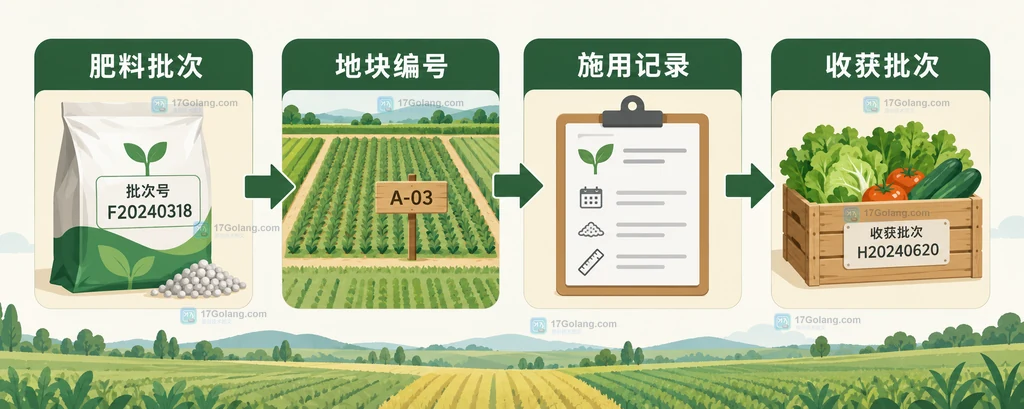 农业种植中肥料批次通过地块编号和施用记录关联到收获批次的关系说明图