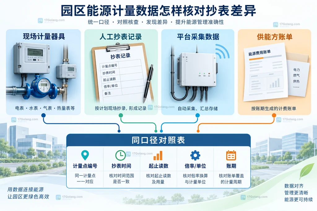 园区抄表差异按时间口径、单位倍率、器具状态和账单周期分类的说明图