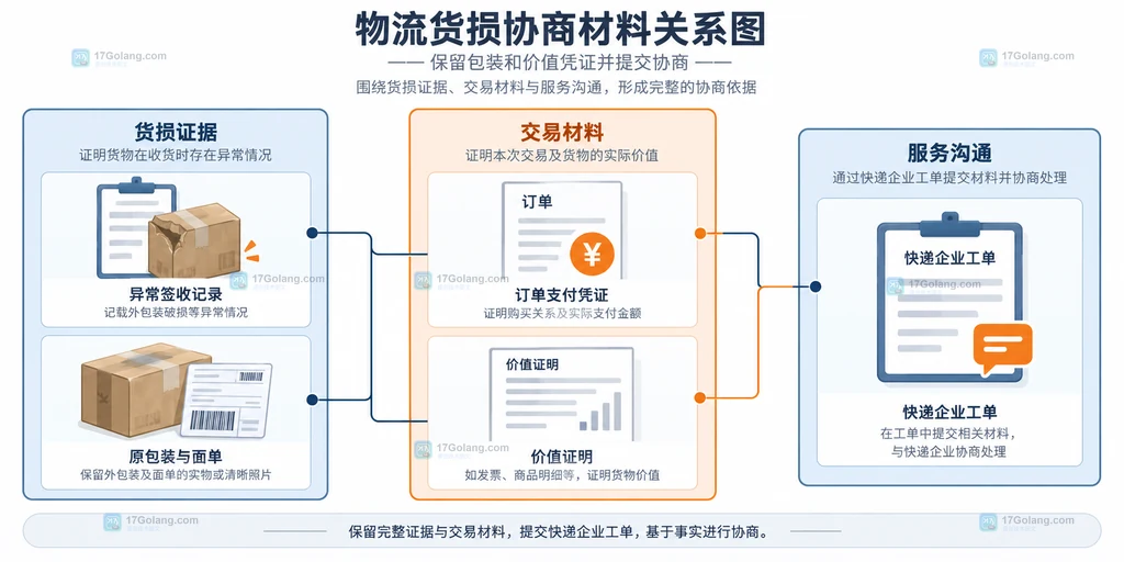 快件破损后现场异常、包装、订单凭证和快递企业协商记录的静态关系说明图