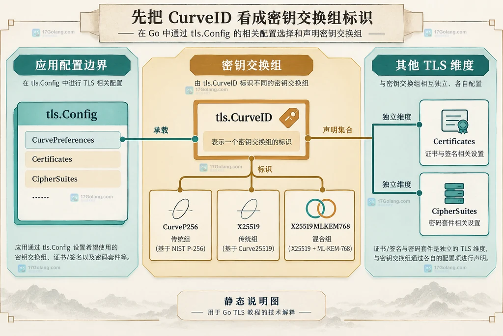 Go TLS 握手中客户端服务端 CurvePreferences 交集与 ConnectionState.CurveID 结果关系说明图