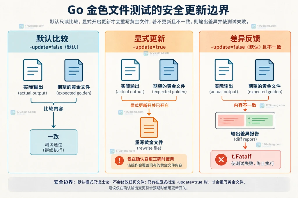 Go golden 测试默认比较、显式 update 重写和差异失败三条边界的静态关系图