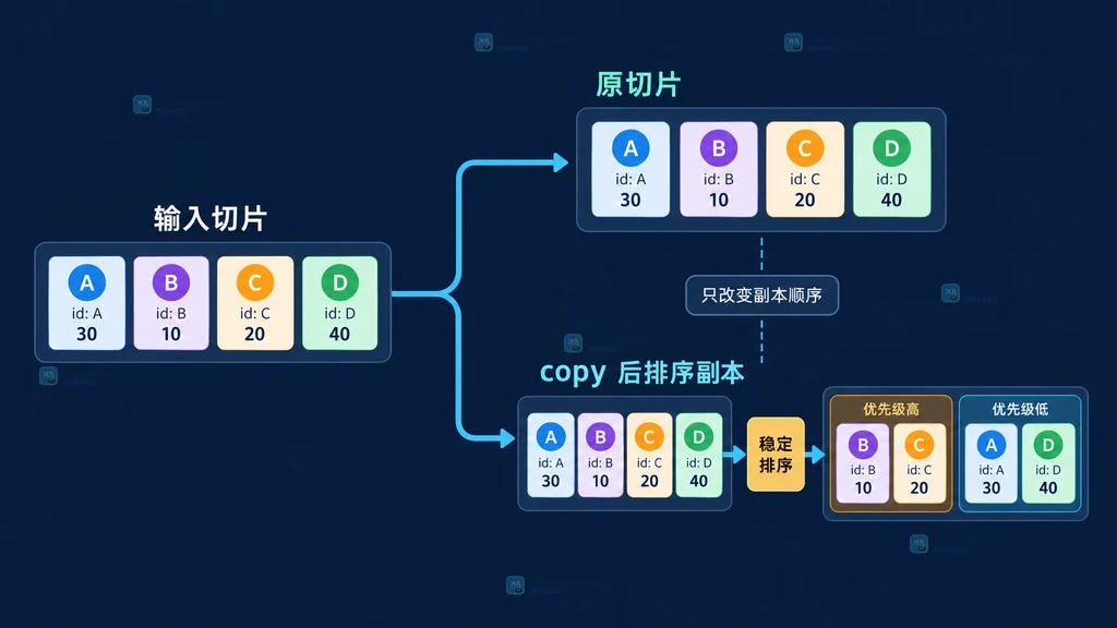 Go sort.SliceStable 原地排序与 copy 后排序副本的分叉关系说明图