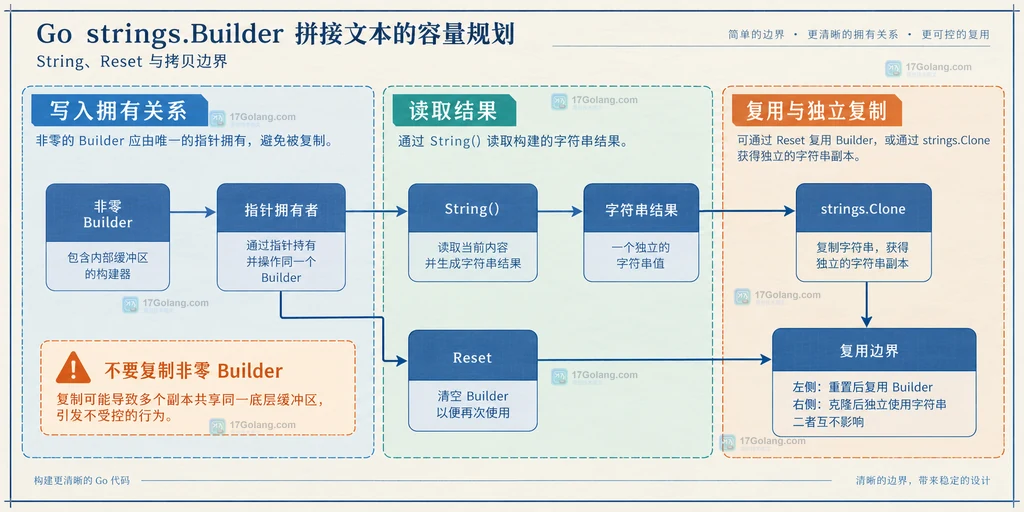 Go strings.Builder 的 String、Reset 与非零 Builder 拷贝边界静态结构图
