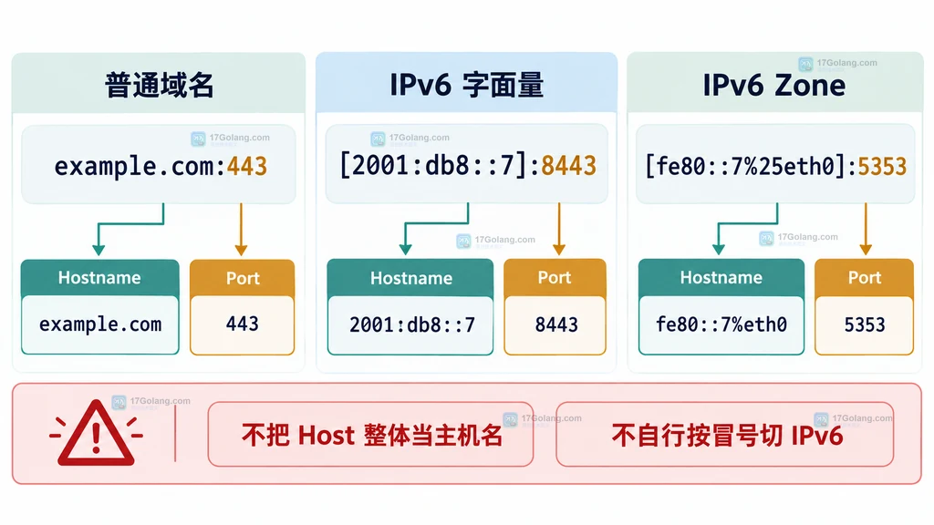 Go net url 普通域名 IPv6 字面量和 IPv6 Zone 的 Hostname 与 Port 边界静态说明图