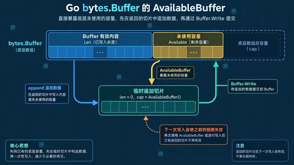 bytes.Buffer 的已用长度、剩余容量和 AvailableBuffer 返回切片的静态关系