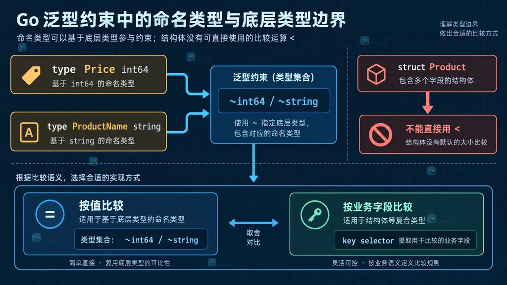 Go 泛型约束从业务类型到比较运算的静态关系图