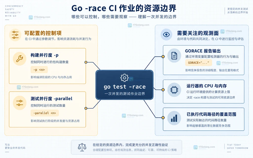 Go race CI 按检测范围和资源压力划分为四类作业的静态结构图