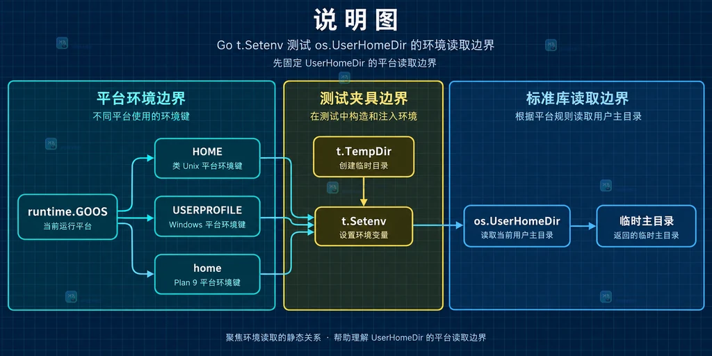 Go t.Setenv 将临时目录注入 HOME 或 USERPROFILE 后由 os.UserHomeDir 返回的静态调用结构说明图
